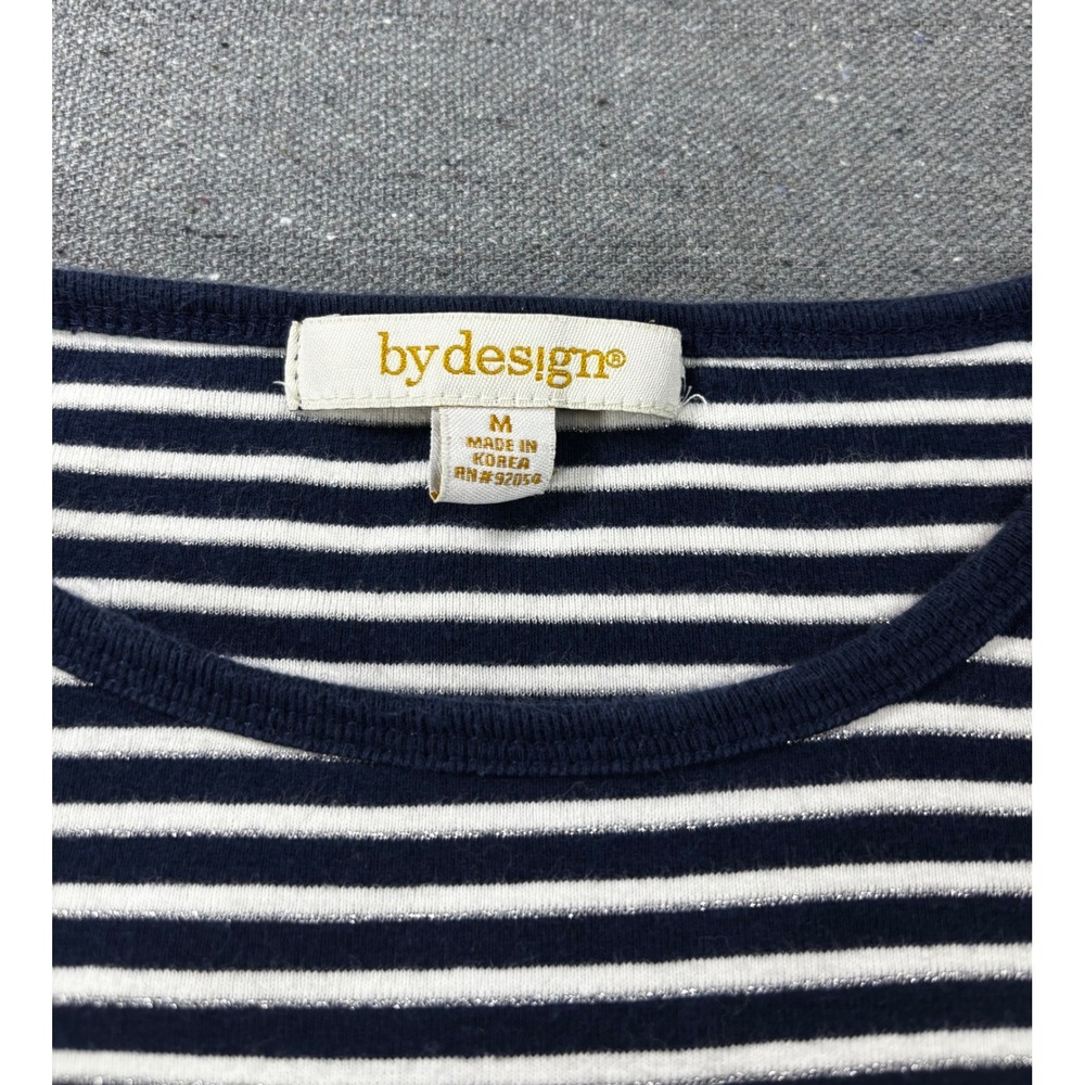 by design Navy White Striped Metallic Sparkle 3/4 Sleeve Boat Neck Top Medium - Picture 2 of 8